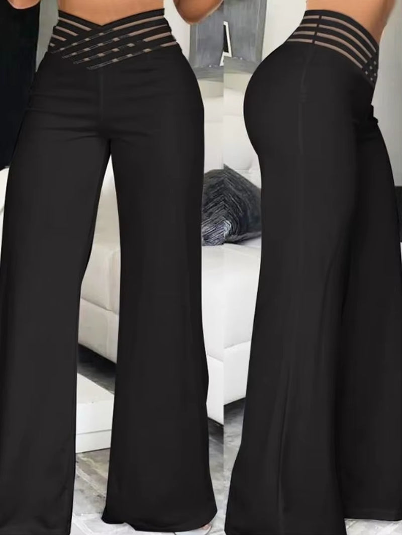 Elegant High-Waist Flared Mesh Patch Trousers | Women’s Office & Casual Wear
