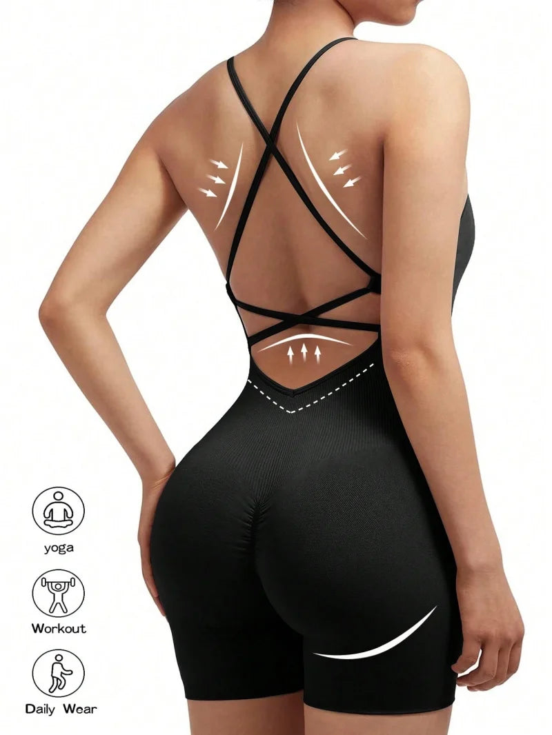 Women’s Cross-Back Fitness Jumpsuit | Scrunch Shorts Yoga Romper