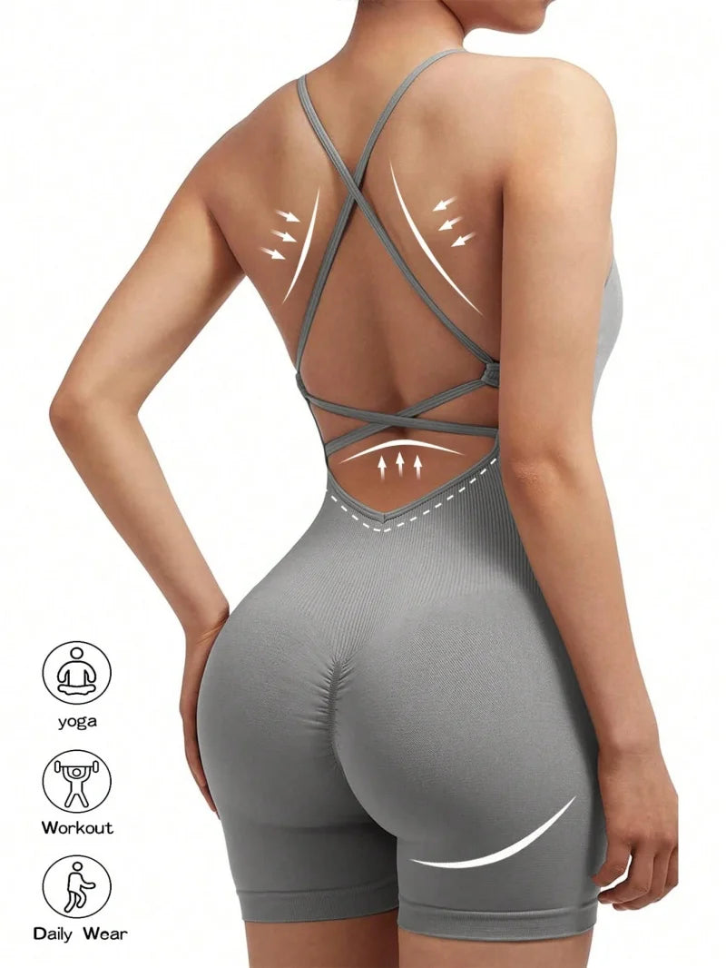 Women’s Cross-Back Fitness Jumpsuit | Scrunch Shorts Yoga Romper