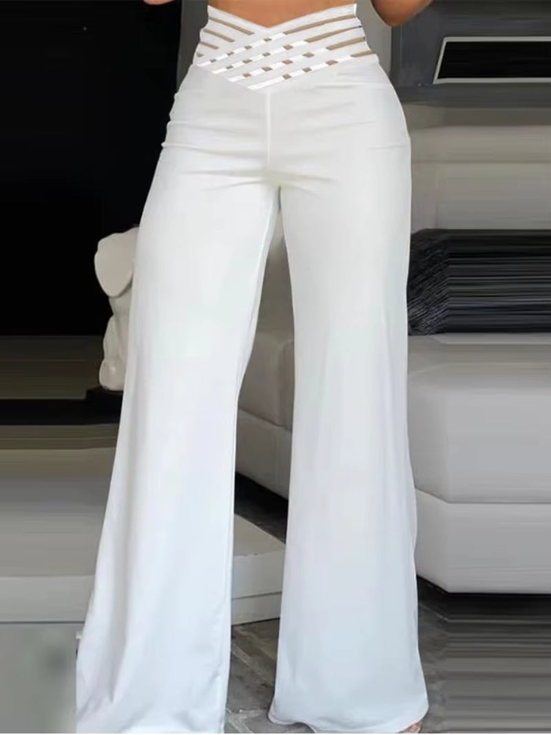 Elegant High-Waist Flared Mesh Patch Trousers | Women’s Office & Casual Wear
