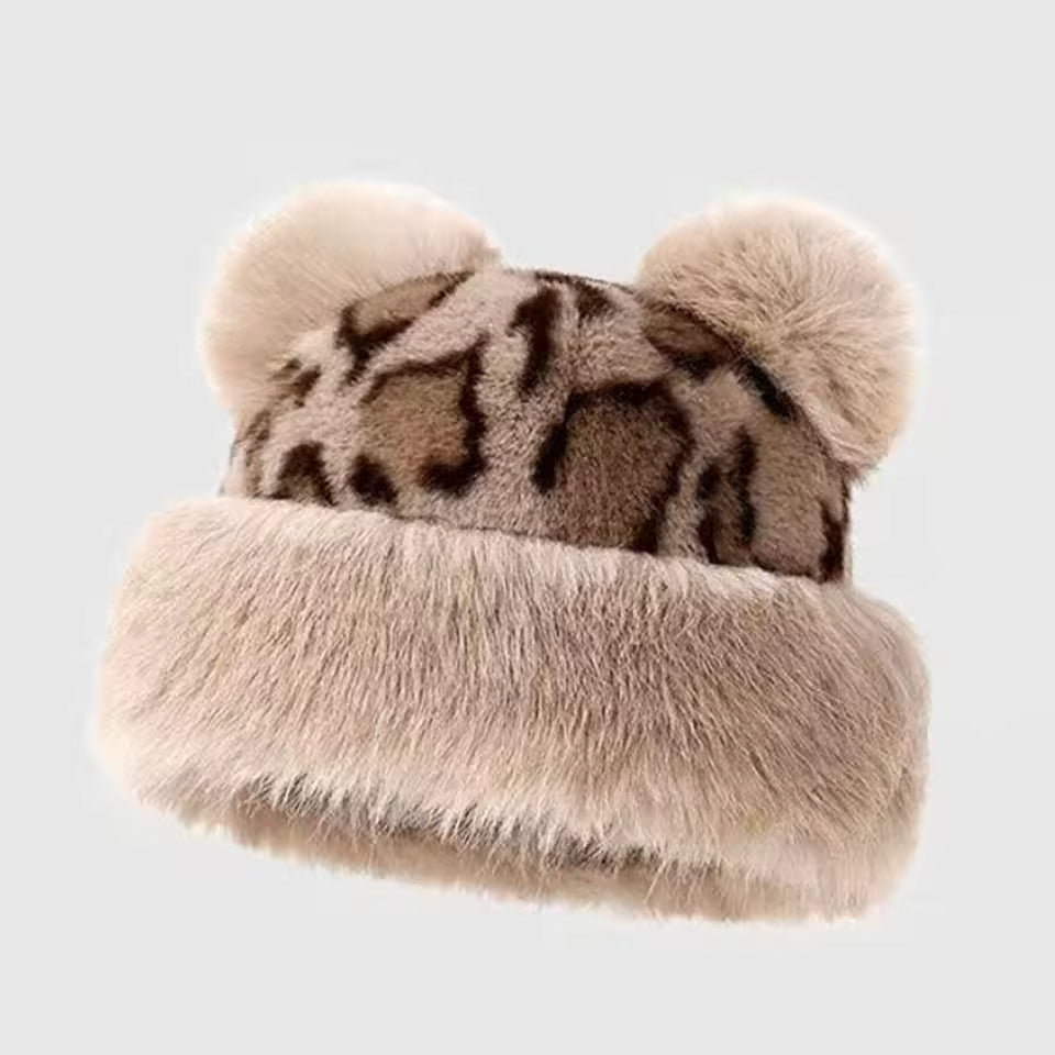 Retro Leopard Plush Cat Ear Beanie