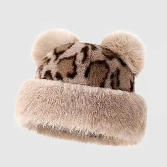 Retro Leopard Plush Cat Ear Beanie